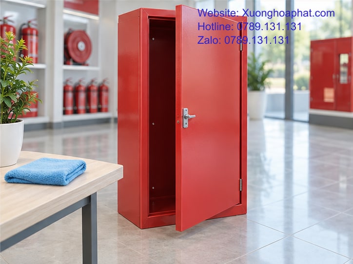 Vỏ tủ PCCC sơn đỏ được quan sát bề mặt tại khu trưng bày