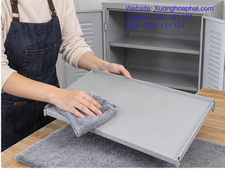 Vệ Sinh Khử Mùi Tủ Để Giày Từ Nguồn Mùi Đến Ngăn Sạch 3 Lau khay rời của tủ giày bằng khăn mềm.