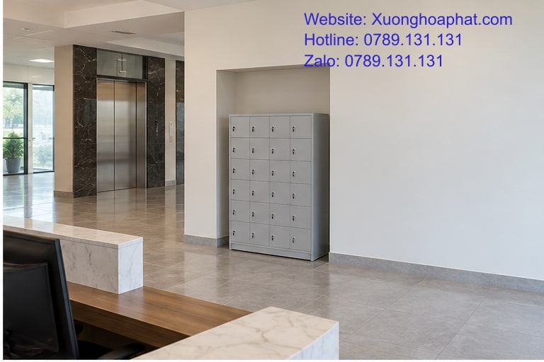 Vị Trí Lắp Tủ Đựng Điện Thoại Cho Luồng Gửi Nhận Thông Suốt 3 Tủ điện thoại văn phòng nhìn từ vị trí người quản lý