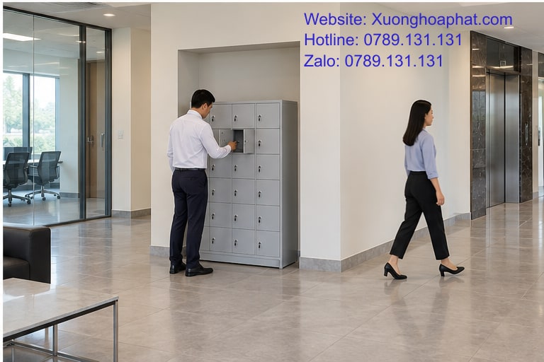 Vị Trí Lắp Tủ Đựng Điện Thoại Cho Luồng Gửi Nhận Thông Suốt 5 Người lấy điện thoại tại tủ bên lối đi riêng
