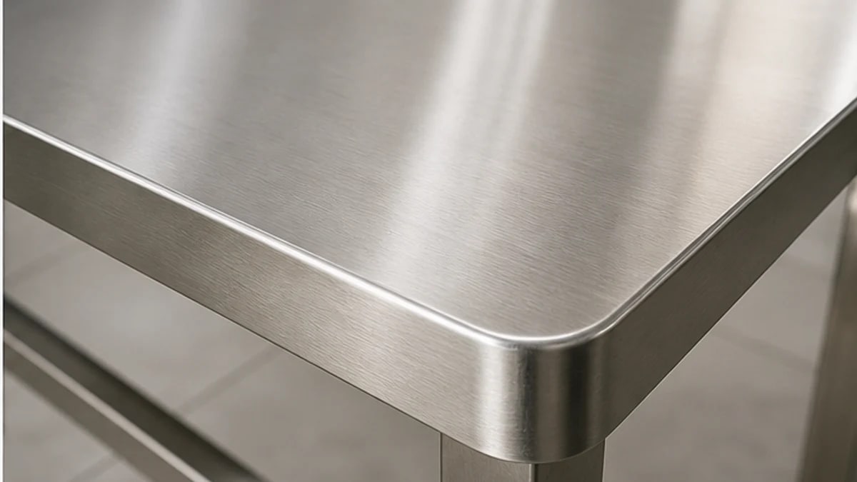 Cận cảnh mặt bàn vuông inox và mép bàn dễ vệ sinh